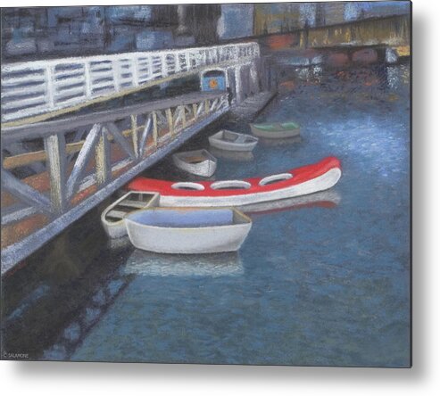 Vancouver Canada False Creek Ferry Landing Boats Water Canoe Pacific Kayak Red British Columbia Landscape Seascape Metal Print featuring the pastel False Creek Ferry Landing by Brenda Salamone