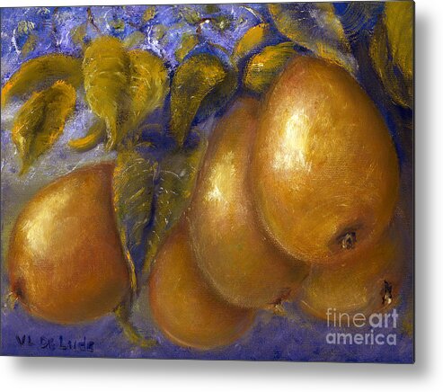 Pears Metal Print featuring the painting Fine Art Golden Pears with Blue and Green by Lenora De Lude