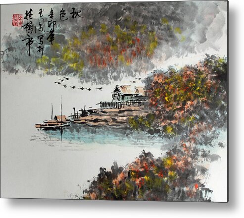 Autumn Metal Print featuring the photograph Fishing Village in Autumn by Yufeng Wang