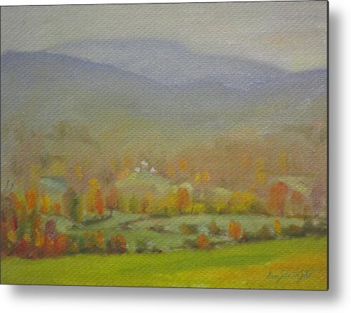 Faint Distant Mountains Metal Print featuring the painting Foggy Morning by Len Stomski