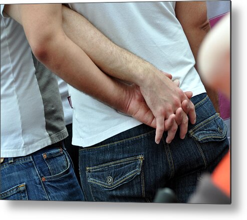 Event Metal Print featuring the photograph Gay Couple Holds Hands behind back by Lauren Barkume