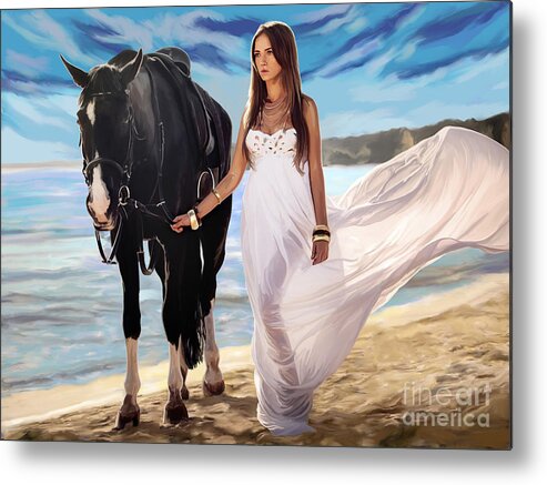 Girl Metal Print featuring the painting Girl and Horse on Beach by Tim Gilliland