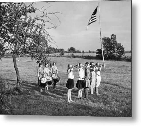 1920s Metal Print featuring the photograph Girl Scout Camp Flag Ceremony by Underwood Archives
