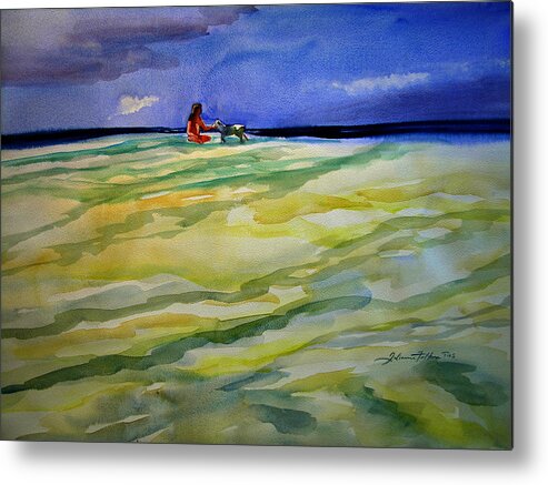 Beach Watercolors Metal Print featuring the painting Girl with dog on the beach by Julianne Felton