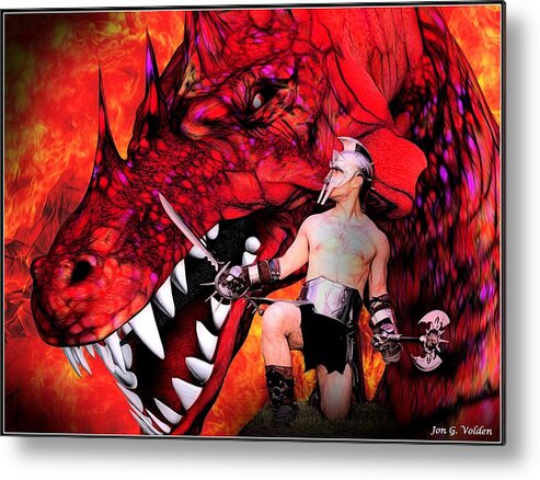 Fantasy Metal Print featuring the painting Gladiator vs Dragon by Jon Volden