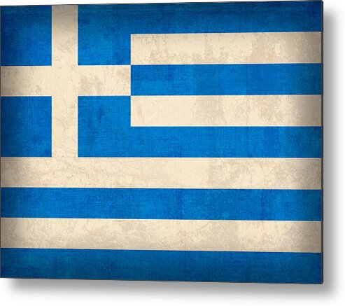 Greece Greek Athen Hellenic Ruins Acropolis Flag Vintage Distressed Finish Metal Print featuring the mixed media Greece Flag Vintage Distressed Finish by Design Turnpike