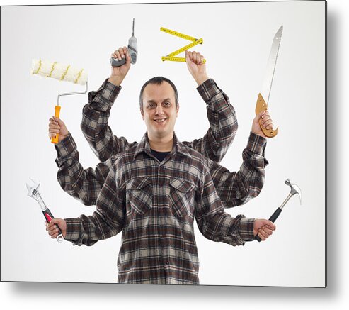 Expertise Metal Print featuring the photograph Handyman With Six Arms (Digital Composite) by Kemalbas