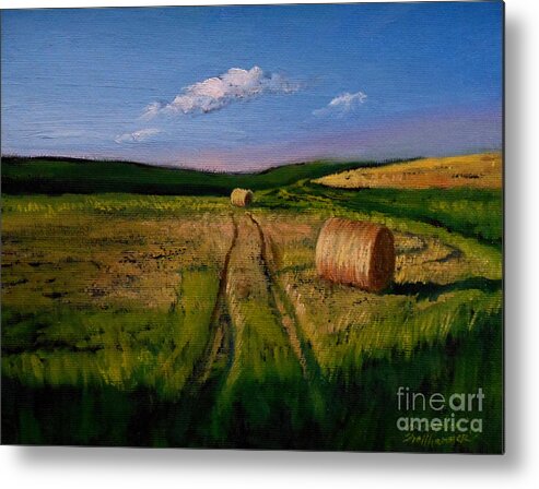 Farm Metal Print featuring the painting Hay Rolls on the Field by Christopher Shellhammer