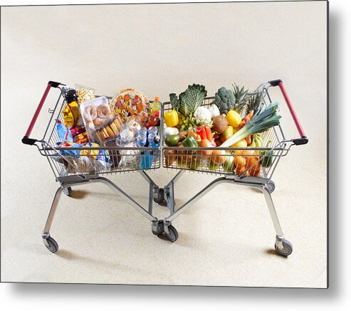 Unhealthy Eating Metal Print featuring the photograph Healthy vs unhealthy shopping trolleys by Peter Dazeley