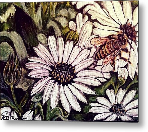 Nature Scene Spiritual Message Yellow Gold Honeybee Black Resting On Black And White Daisies With A Touch Of Yellow Gold Accent In The Flowerhead Stems With Deep Gray And Green With Yellow For Highlighting Acrylic Painting Metal Print featuring the painting Honeybee Cruzing the Daisies by Kimberlee Baxter