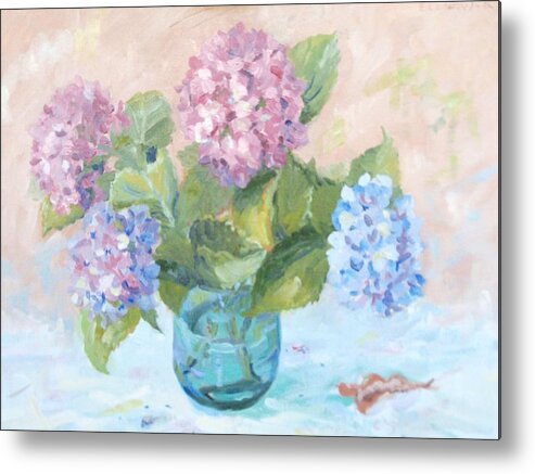 Still Life Metal Print featuring the painting Hydrangeas in a Green Vase by Elinor Fletcher
