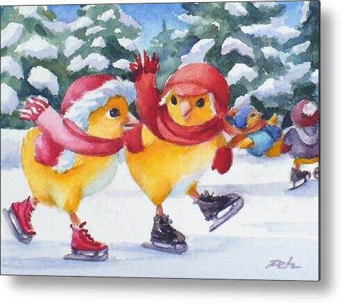 Baby Chicks Metal Print featuring the painting Ice Skating by Janet Zeh