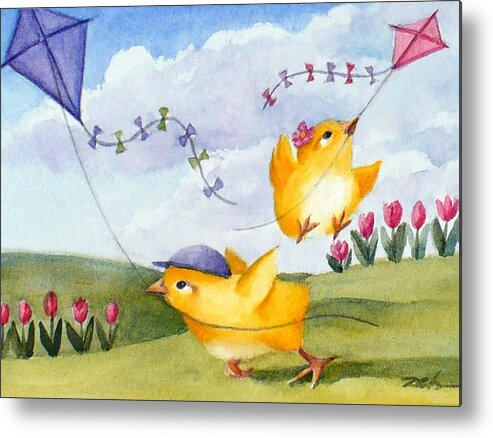 Baby Chicks Print Metal Print featuring the painting Kites in March by Janet Zeh