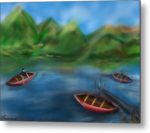 Canoes Metal Print featuring the painting Lake Lovely by Christine Fournier