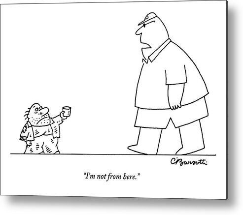 Tourists Metal Print featuring the drawing Large Man Speaks To Tiny Beggar Man As He Walks by Charles Barsotti