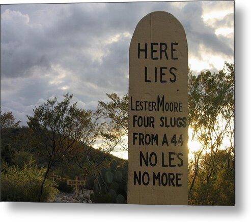 Lester Moore Grave Boothill Cemetery Tombstone Arizona Dusk Metal Print featuring the photograph Lester Moore grave Boothill Cemetery Tombstone Arizona 2004 by David Lee Guss