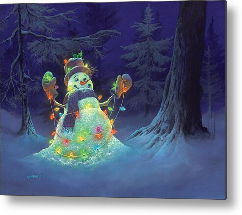 Michael Humphries Snowman Christmas Christmas Lights Winter Night Pillows Christmas Decor Notebooks Shower Curtain Blankets Metal Print featuring the painting Let it Glow by Michael Humphries