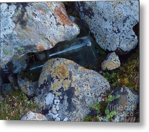 Rocks Metal Print featuring the photograph Lichen Rocks and Bottle by Phil Banks