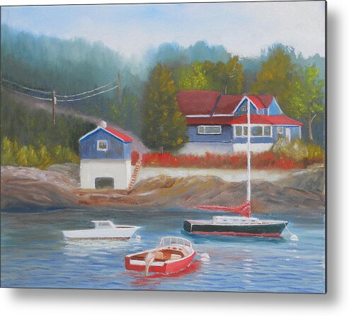 Landscape Boats Boat House Ocean Harbor Rocks Metal Print featuring the painting Long Cove by Scott W White