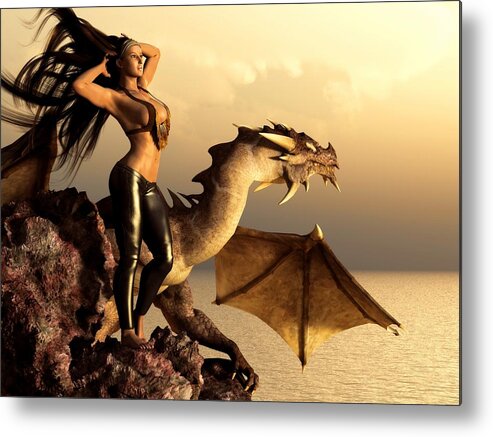 Dragon Metal Print featuring the digital art Longhaired Biker Chick and Dragon by Kaylee Mason