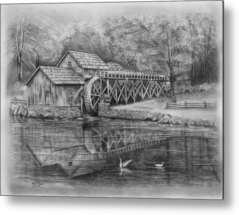 Pencil Metal Print featuring the drawing Mabry Mill Pencil Drawing by Lena Auxier