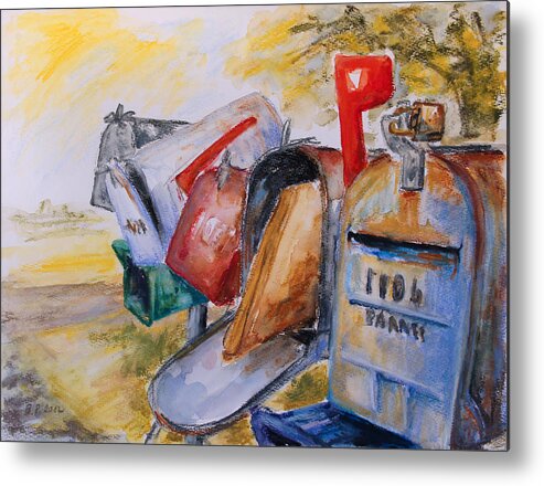 Barbara Pommerenke Kathryn J Kathrynjonvoy Texas Mailboxes Letterbox American Amerikanische Briefkaesten Usa Wachspastell Fort Worth Weatherford Waxpastels Sommer Summer Metal Print featuring the painting Mailboxes In Texas by Barbara Pommerenke