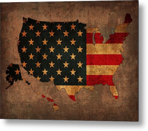 Map Of America United States Usa With Flag Art On Distressed Worn Canvas Metal Print featuring the mixed media Map of America United States USA With Flag Art on Distressed Worn Canvas by Design Turnpike
