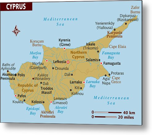 Famagusta Metal Print featuring the drawing Map of Cyprus. by Lonely Planet