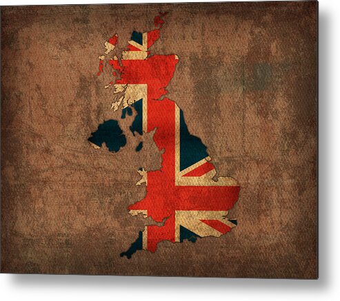Map Of United Kingdom With Flag Art On Distressed Worn Canvas Metal Print featuring the mixed media Map of United Kingdom With Flag Art on Distressed Worn Canvas by Design Turnpike