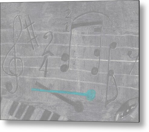 Music Metal Print featuring the pastel Musical Notes and Instruments Set to Gray with a Blue Drumstick Accent by Jessica Foster