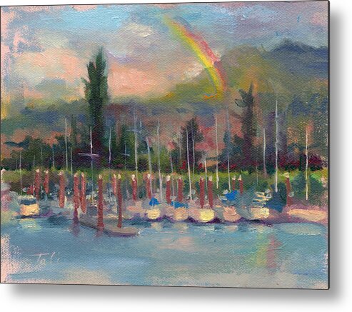 Rainbow Metal Print featuring the painting New Covenant - rainbow over marina by Talya Johnson