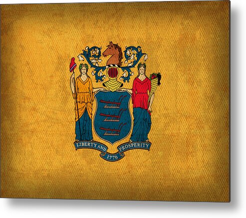 New Jersey State Flag Art On Worn Canvas Hoboken Pasaic Trenton Elizabeth City Patterson Metal Print featuring the mixed media New Jersey State Flag Art on Worn Canvas by Design Turnpike