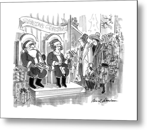 No Caption
Dept. Store Santa Looks On Grumpily As Mrs. Claus Listens To A Little Girl's X-mas List. 
No Caption
Dept. Store Santa Looks On Grumpily As Mrs. Claus Listens To A Little Girl's X-mas List. 
Women Metal Print featuring the drawing New Yorker December 9th, 1991 by Bernard Schoenbaum