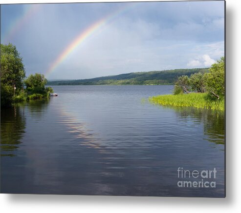 Beautiful Metal Print featuring the photograph Northern BC calm taiga lake rainbow Canada by Stephan Pietzko