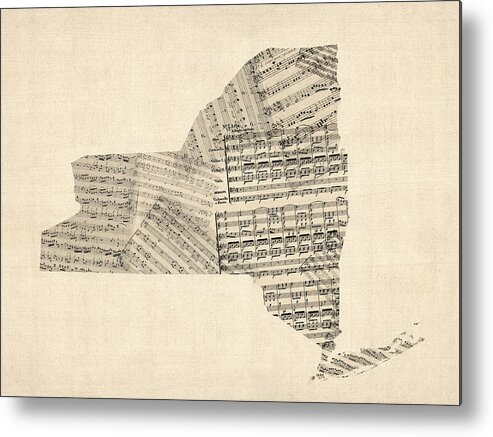 New York Metal Print featuring the digital art Old Sheet Music Map of New York State by Michael Tompsett