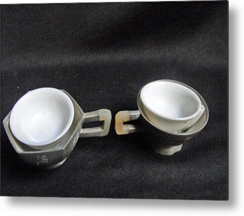 Antique Chinese Pewter Tea Cups Metal Print featuring the mixed media Pair of Chinese pewter tea cups with side inscription by Anonymous
