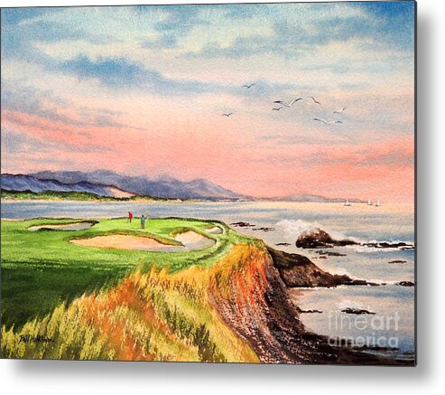 Golf Course Paintings Metal Print featuring the painting Pebble Beach Golf Course Hole 7 by Bill Holkham