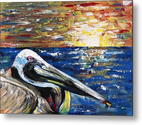 Pelican Metal Print featuring the painting Pelican Sunset by Alan Metzger