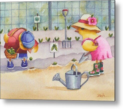 Baby Animals Gardening Metal Print featuring the painting Planting Peas by Janet Zeh