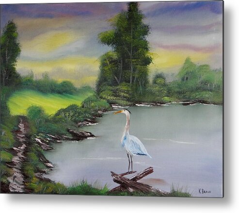 Heron Fine Art Prints Paintings Metal Print featuring the painting Pond Watching by Kevin Brown