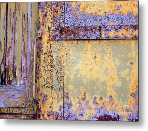 On The Rails Metal Print featuring the photograph Rail Rust - Abstract - Blues on the Rails by Janine Riley