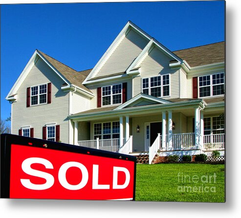 Real Estate Metal Print featuring the photograph Real Estate Realtor Sold Sign and House for Sale by Olivier Le Queinec