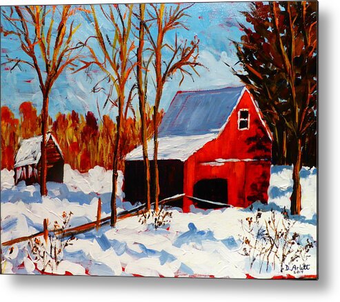 Red Metal Print featuring the painting Red Barn First Snow by Diane Arlitt