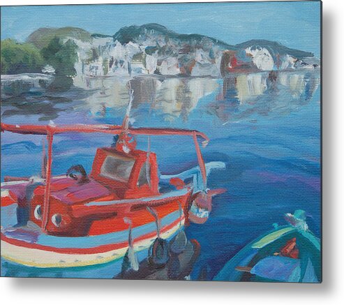 Greece Metal Print featuring the painting Red Boat by Christine Lytwynczuk