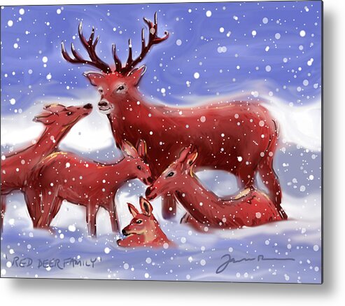 Deer Metal Print featuring the painting Red Deer Family by Jean Pacheco Ravinski