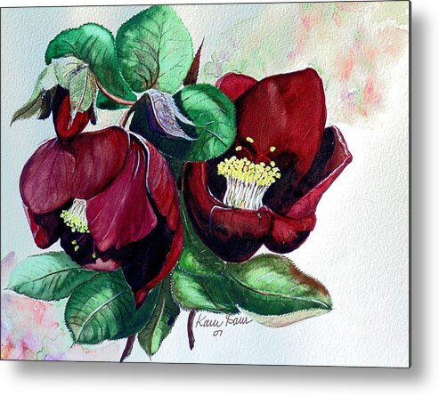 Red Helleborous Painting Flower Painting  Botanical Painting Watercolor Painting Original Painting Floral Painting Flower Painting Red Painting  Greeting Painting Metal Print featuring the painting Red Helleborous by Karin Dawn Kelshall- Best