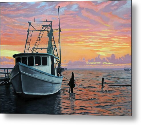 Rockport Texas Shrimp Boat Metal Print featuring the painting Rockport Sunrise by Jimmie Bartlett