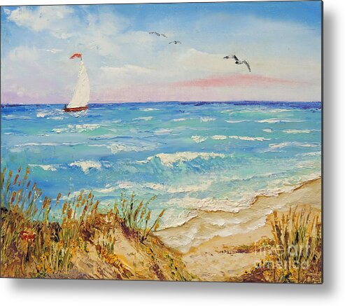 Sailboat Metal Print featuring the painting Sailing by the Beach by Jimmie Bartlett