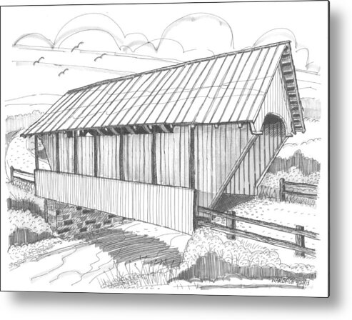 School House Covered Bridge Metal Print featuring the drawing School House Covered Bridge by Richard Wambach