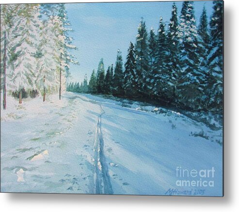 Winter Sport Metal Print featuring the painting Ski Tracks by Martin Howard